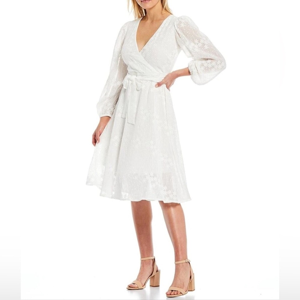 Long Sleeve Floral Embroidered Flowy Wrap Midi Dress